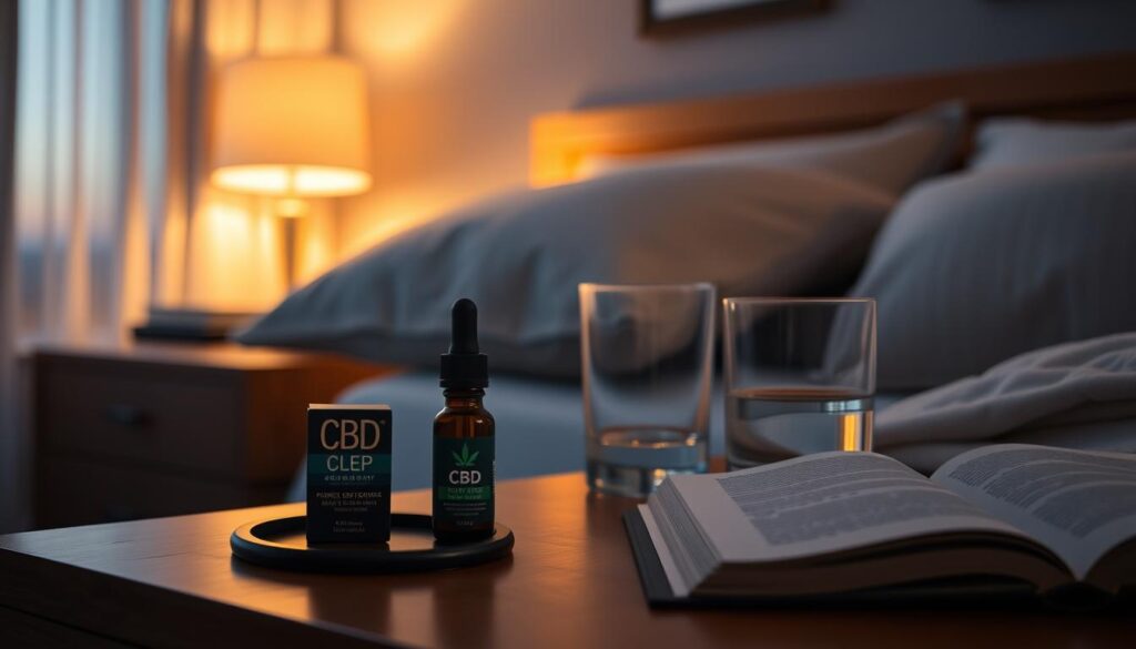 Peaceful bedroom setting with CBD sleep products on nightstand - CBD pros and cons for sleep