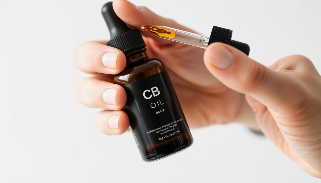 Person measuring CBD oil dosage with dropper - CBD pros and cons dosage guide