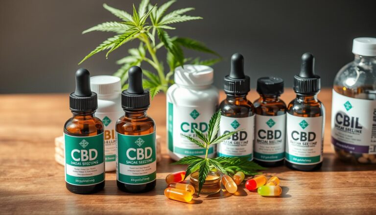 Various CBD products including oils, tinctures, and gummies with a hemp leaf - CBD pros and cons